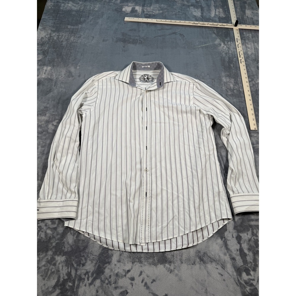 BUGATCHI Men's White Striped Shaped Fit Casual Button Down‎ Shirt Long Sleeve L